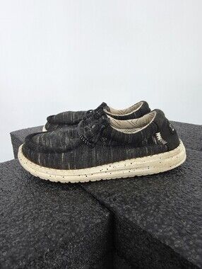 Hey Dude Wally Youth Stretch K12 Shoes Black Charcoal Heather Loafers